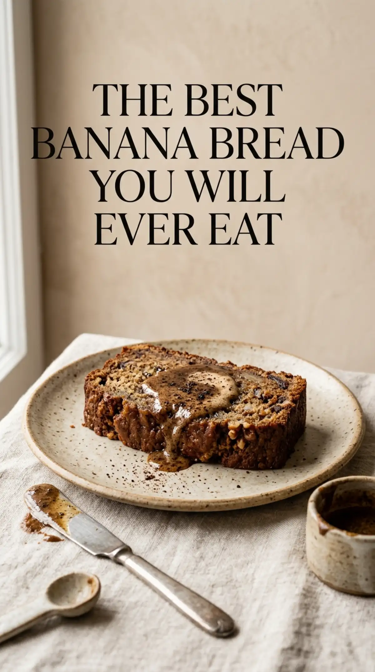 Close-up vertical shot of toasted Australian cafe style banana bread with melting espresso butter.