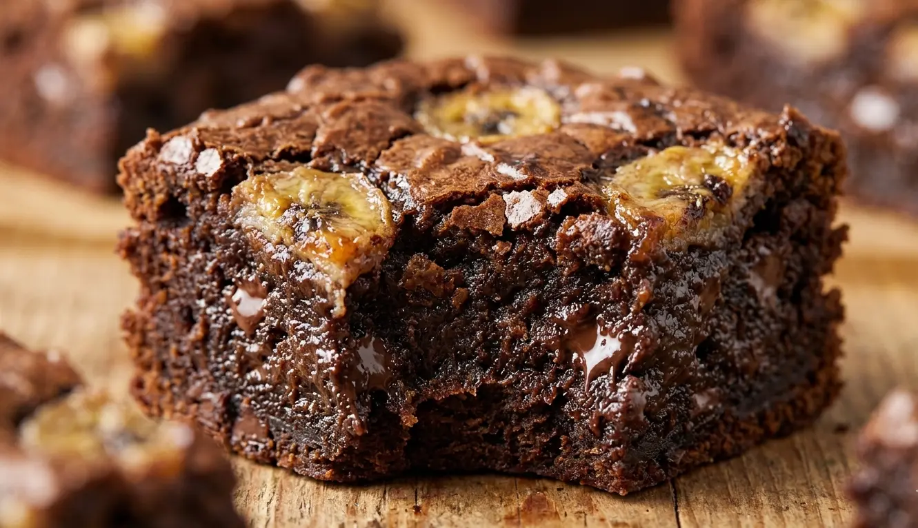 Close-up macro shot of a single banana bread brownie showing the dense, fudgy texture and melted chocolate chips.