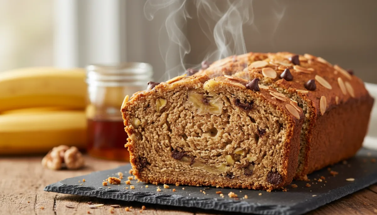 A whole loaf of golden brown paleo banana bread sitting on a cooling rack