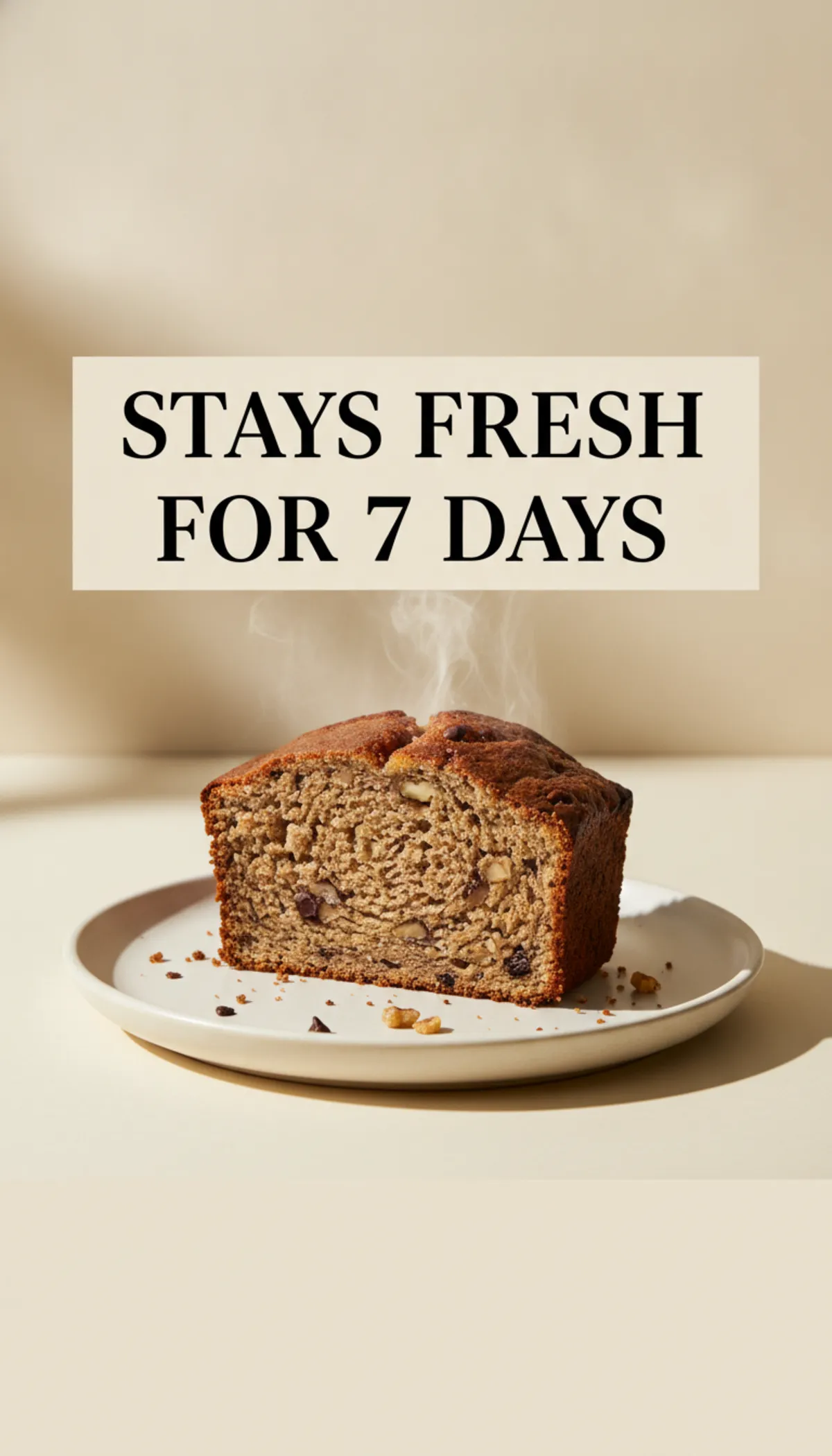 Vertical graphic showing slices of moist banana bread with text overlay asking about storage life.