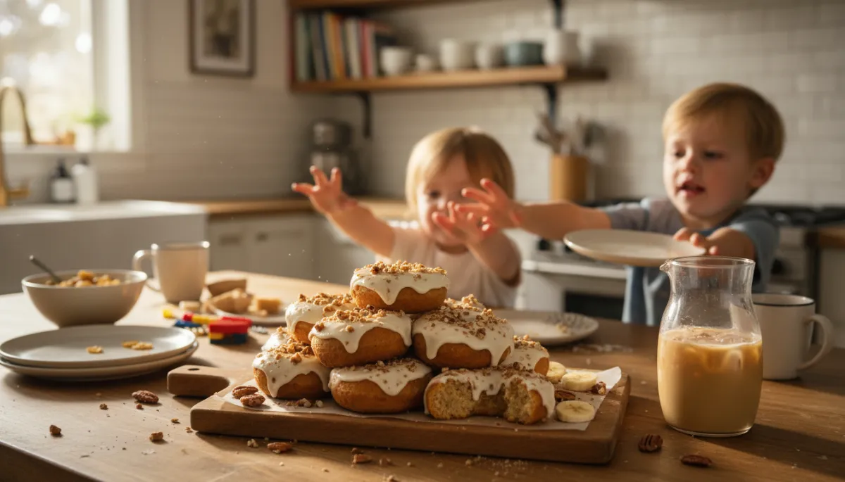 A single banana bread donut with maple glaze showing the soft, moist interior texture.