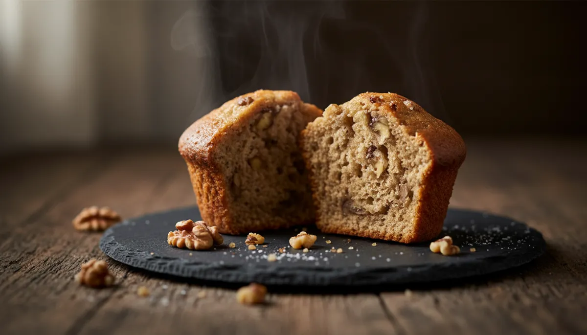 Close up texture of a moist banana muffin