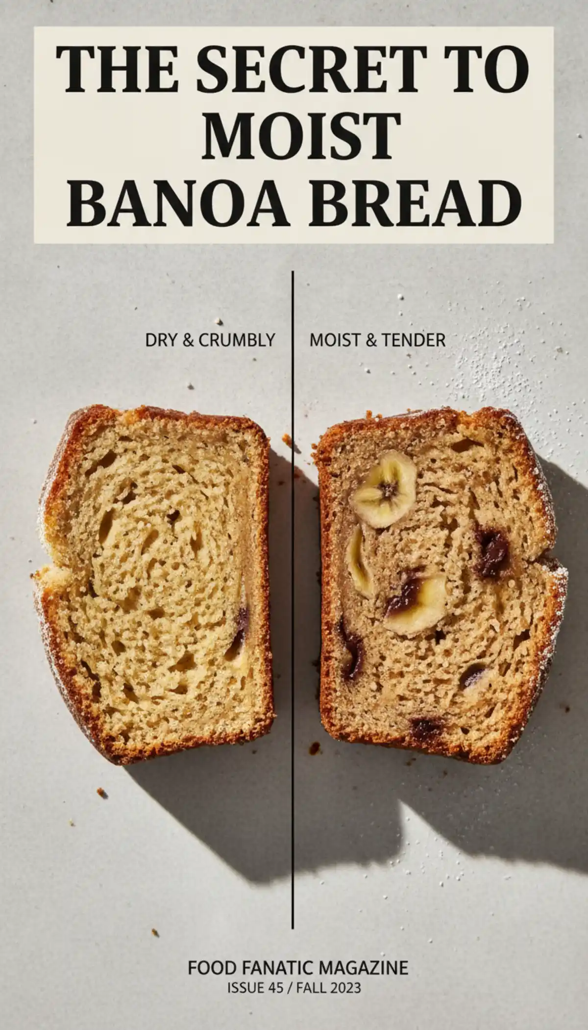 Vertical split-screen comparison of olive oil and butter for banana bread baking