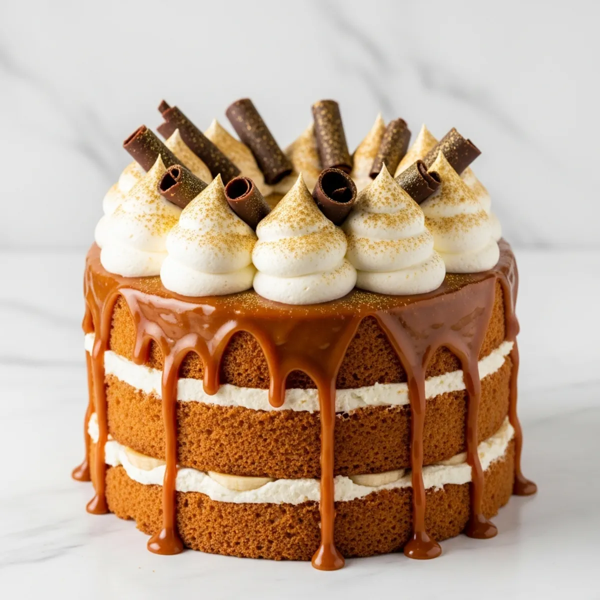 A tall vertical slice of Banoffee pie layer cake with cascading salted caramel drips and fresh banana garnish.