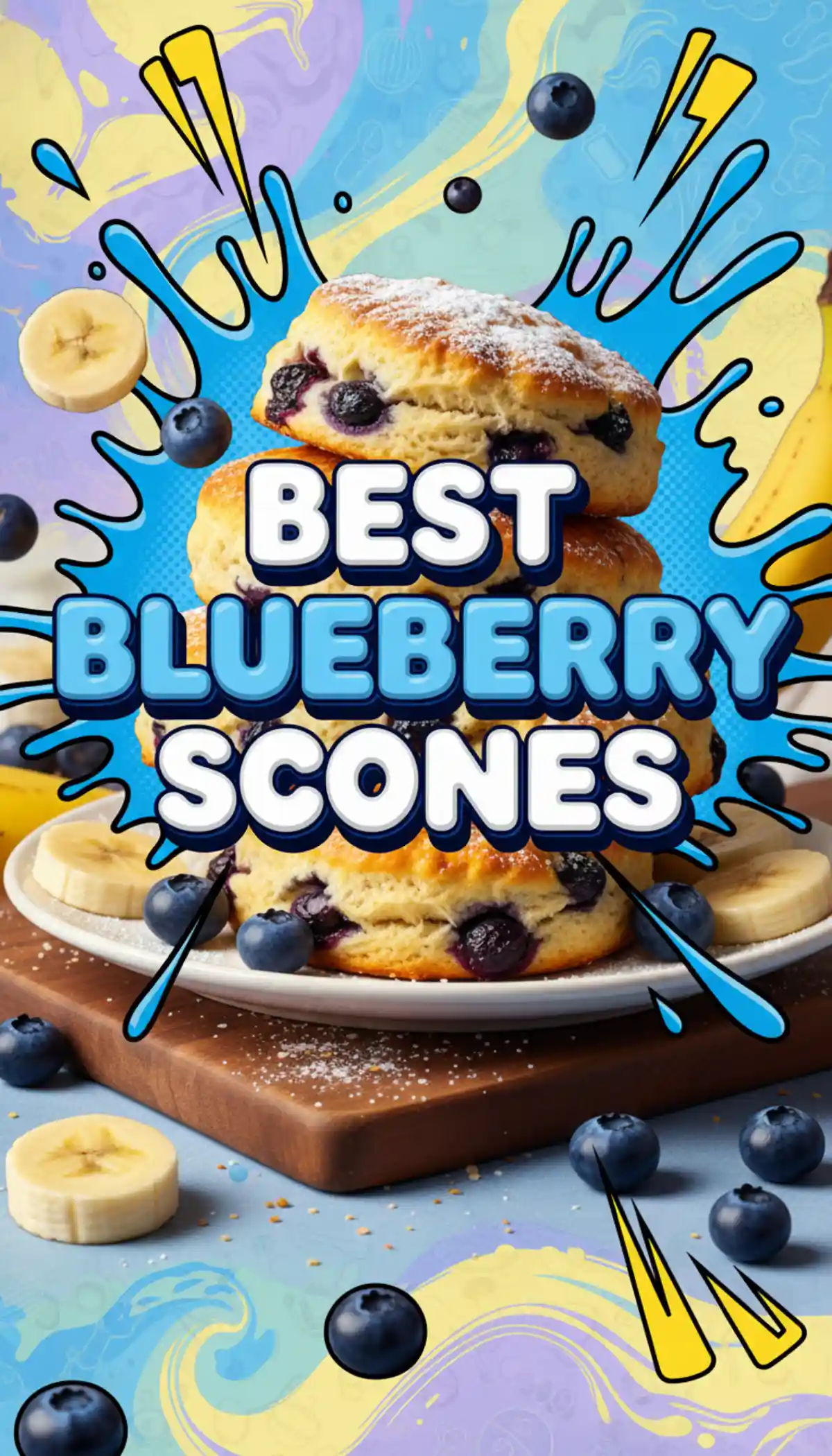 Vertical close-up of a thick New York style blueberry banana scone with golden edges and vanilla glaze