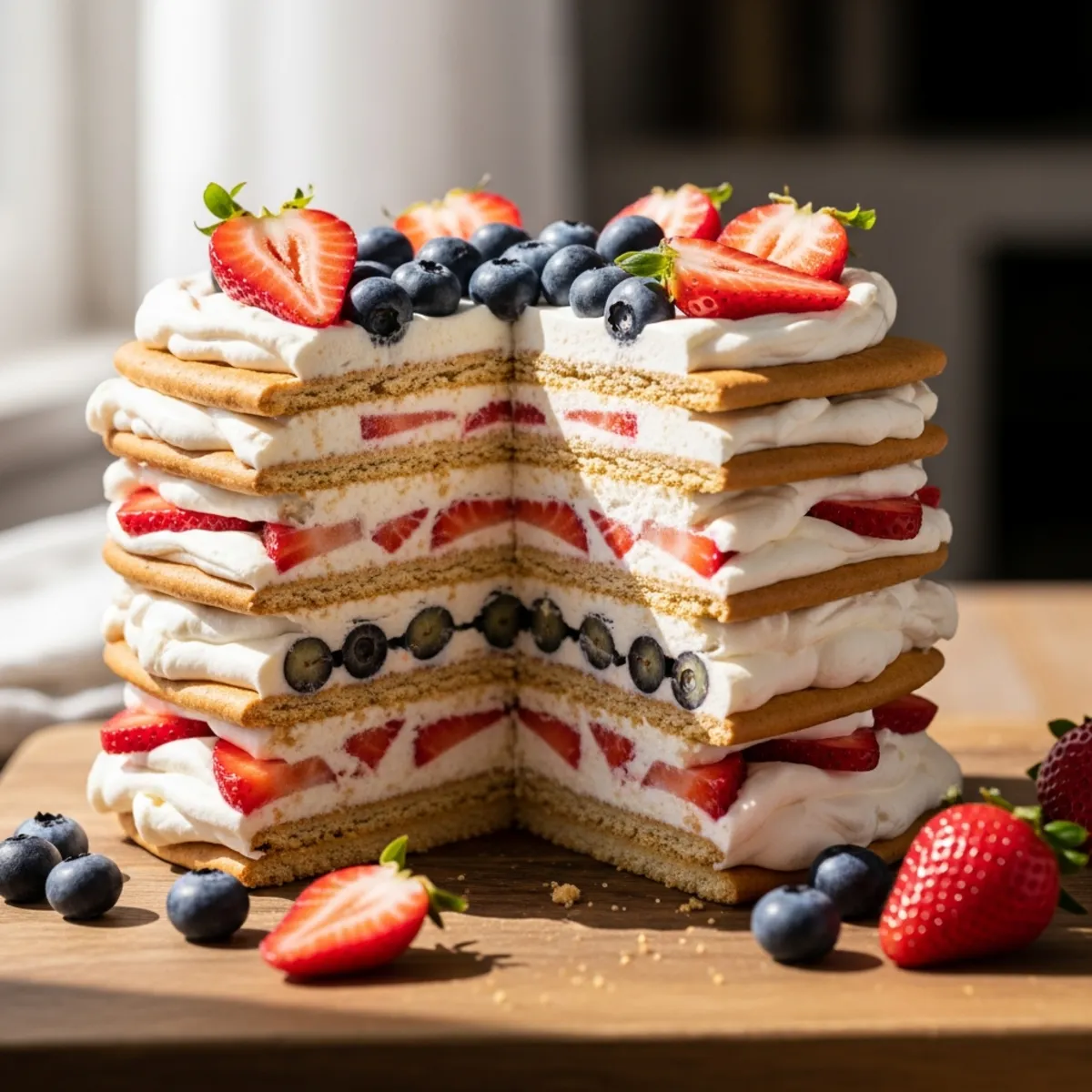 A tall vertical slice of summer berry and banana icebox cake showing distinct layers of graham crackers and fruit.
